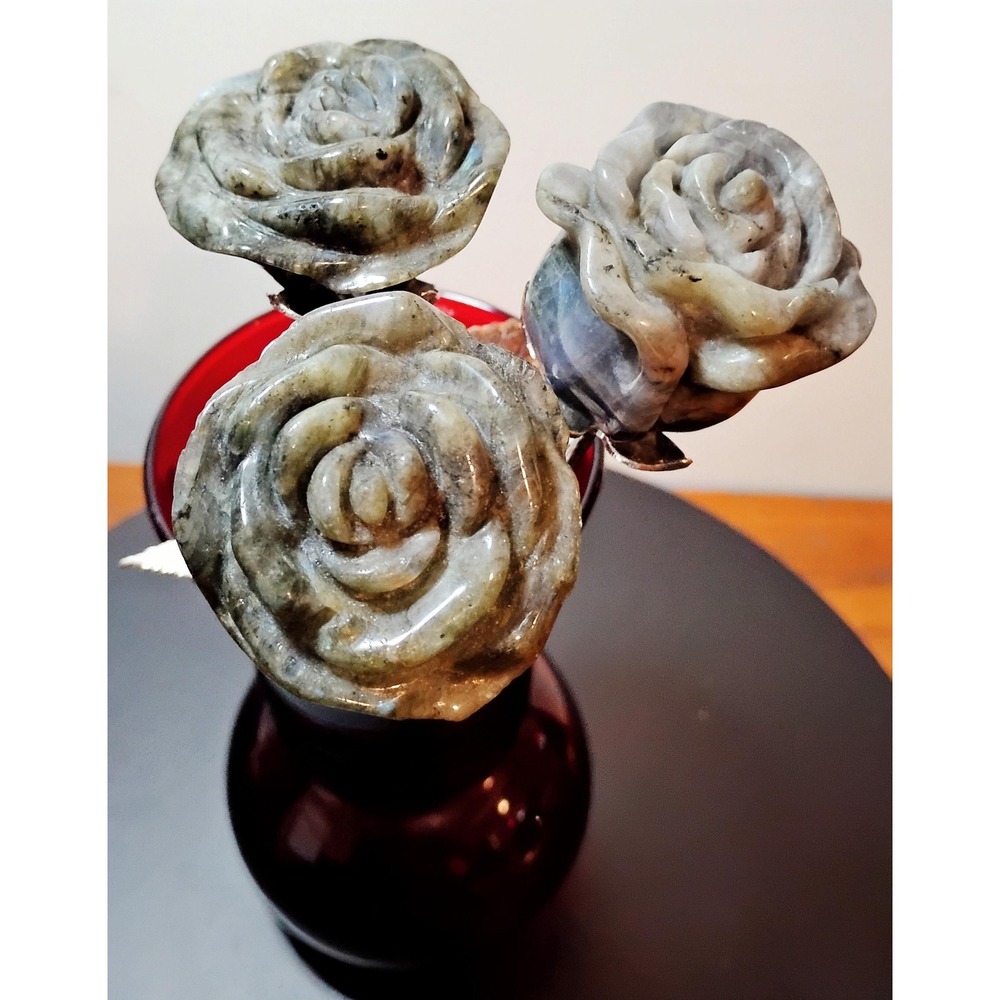 Stone Flower Set, Labradorite Crystal Rose Bouquet of 3, Hand Carved